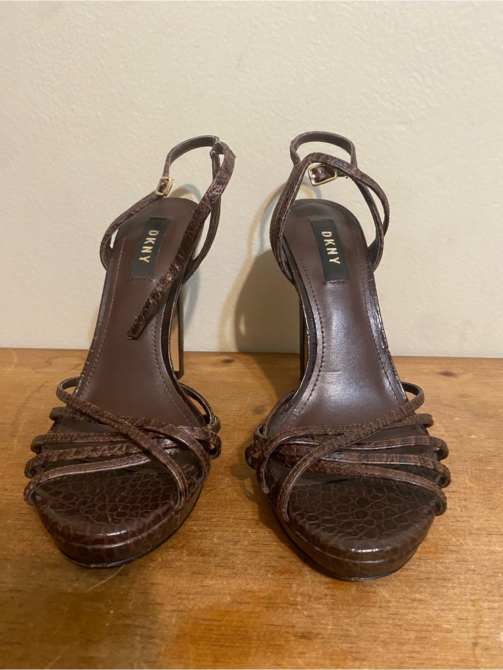 DKNY Brown Croc-Embossed Strappy High Heel Sandals